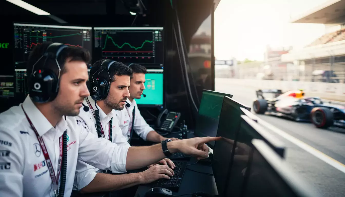 Formel-1-Boxenmauer mit Monitoren und Ingenieuren während eines Rennens bei Tageslicht