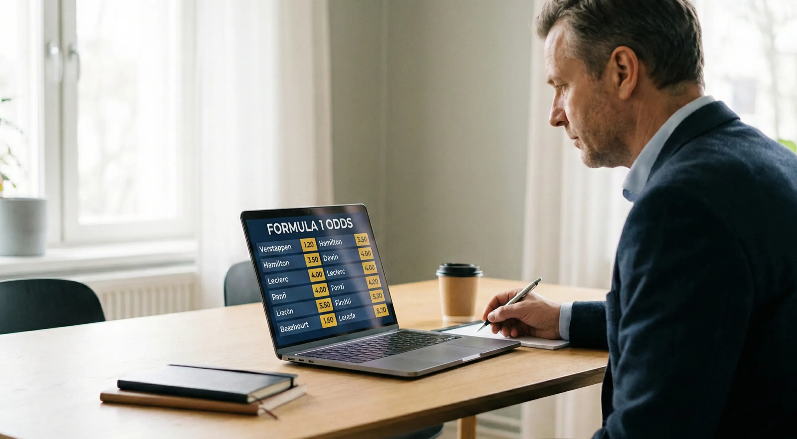 Mann analysiert F1 Wettquoten auf dem Laptop