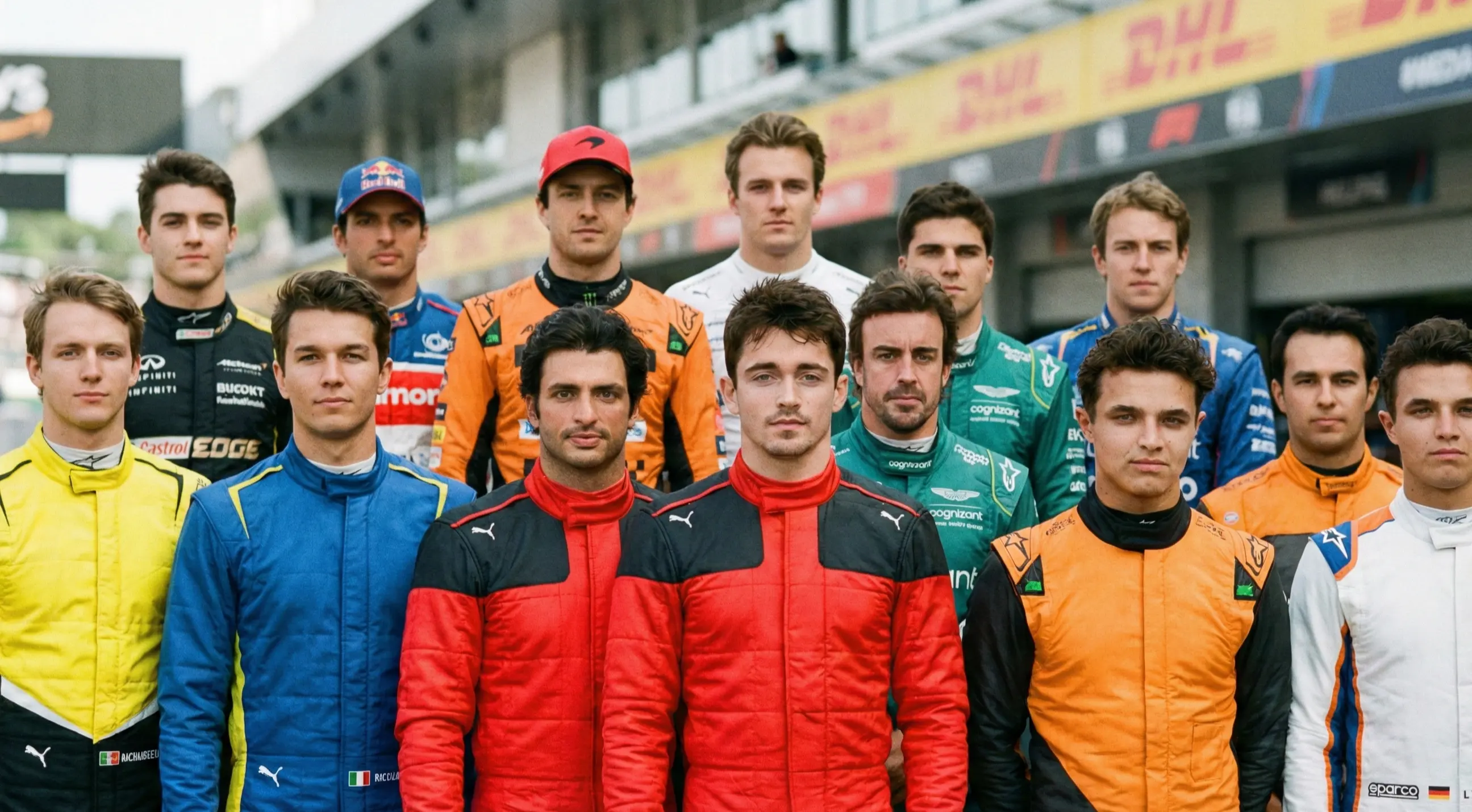 Formel 1 Fahrer in Rennanzügen vor der Pressekonferenz