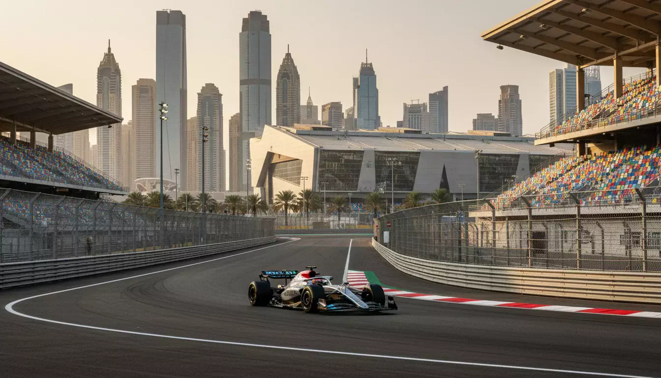 Formel-1-Bolide fährt durch die berühmte Senna-S-Kurve in Interlagos bei bewölktem Himmel