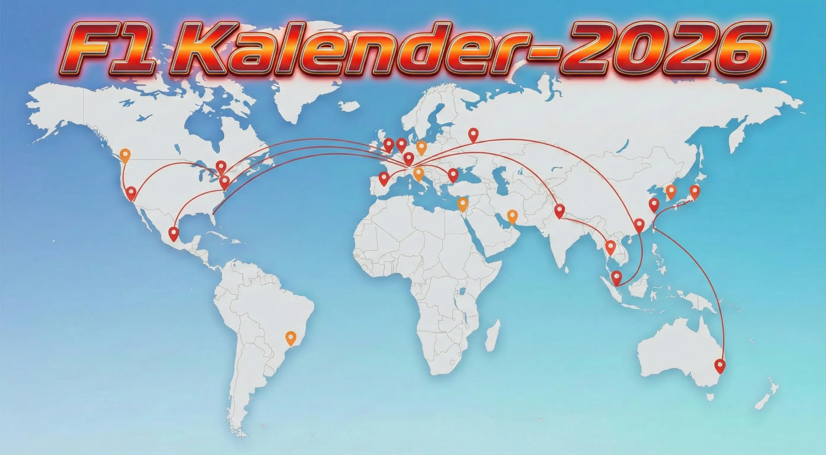 Weltkarte mit markierten Formel 1 Rennstrecken