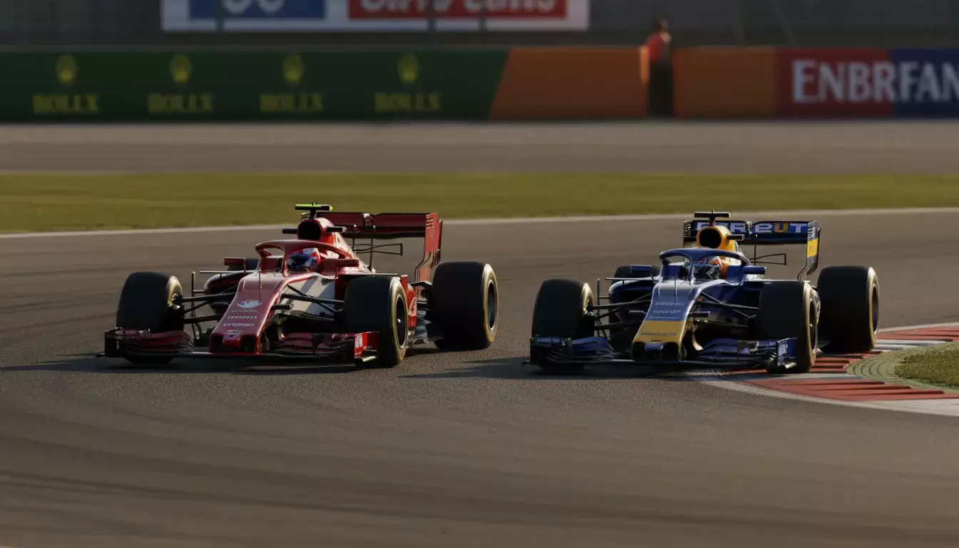 Zwei Formel-1-Boliden in unterschiedlichen Teamfarben fahren Seite an Seite durch eine Kurve