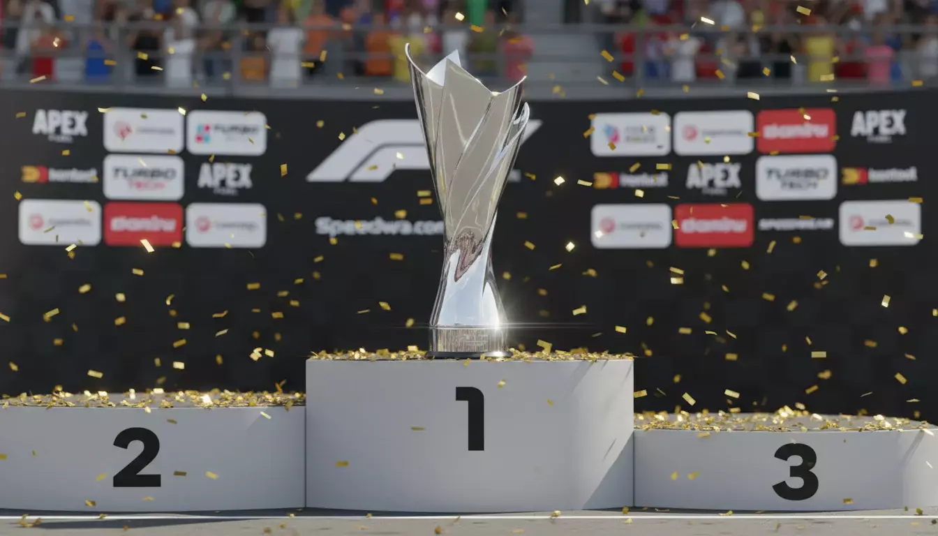 Formel-1-Siegerpokal auf dem Podium mit Konfetti nach der Siegerehrung