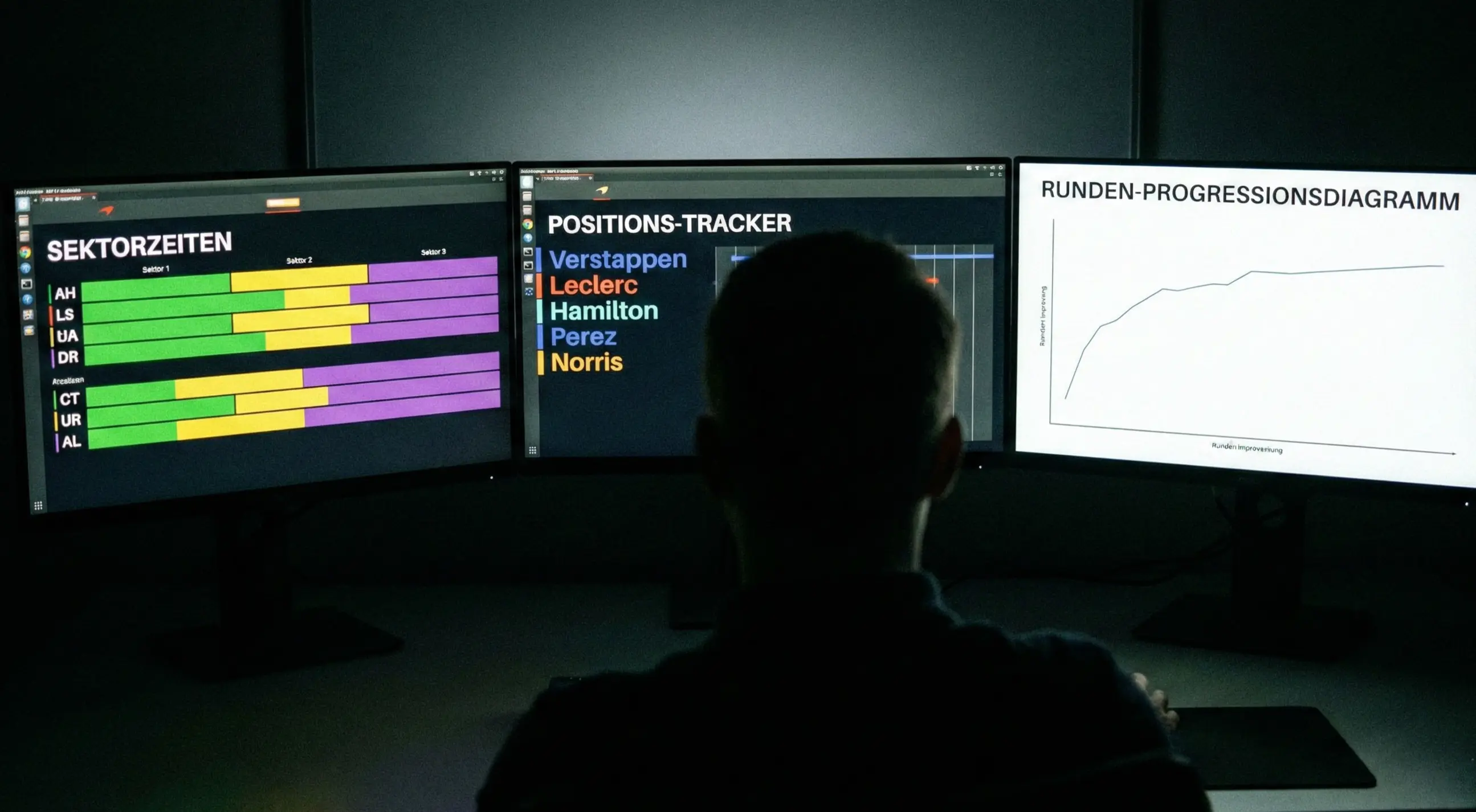 Multiple Bildschirme zeigen F1 Telemetriedaten und Timing