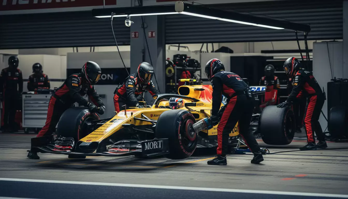 Formel-1-Boxenstopp mit Mechanikern beim schnellen Reifenwechsel während des Rennens