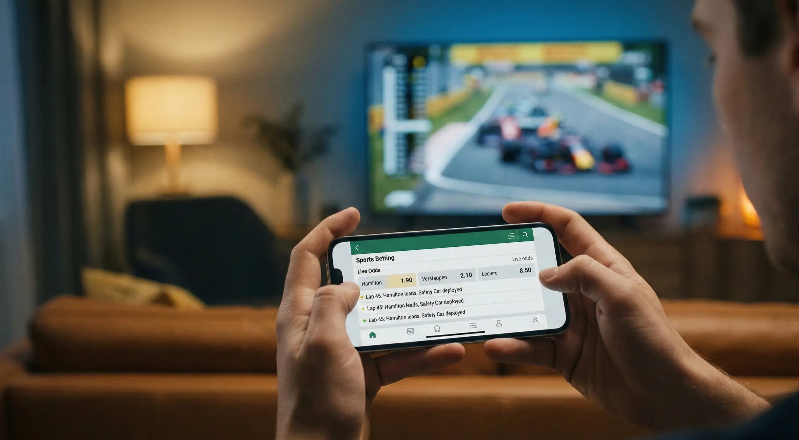 Person hält Smartphone während eines F1 Rennens