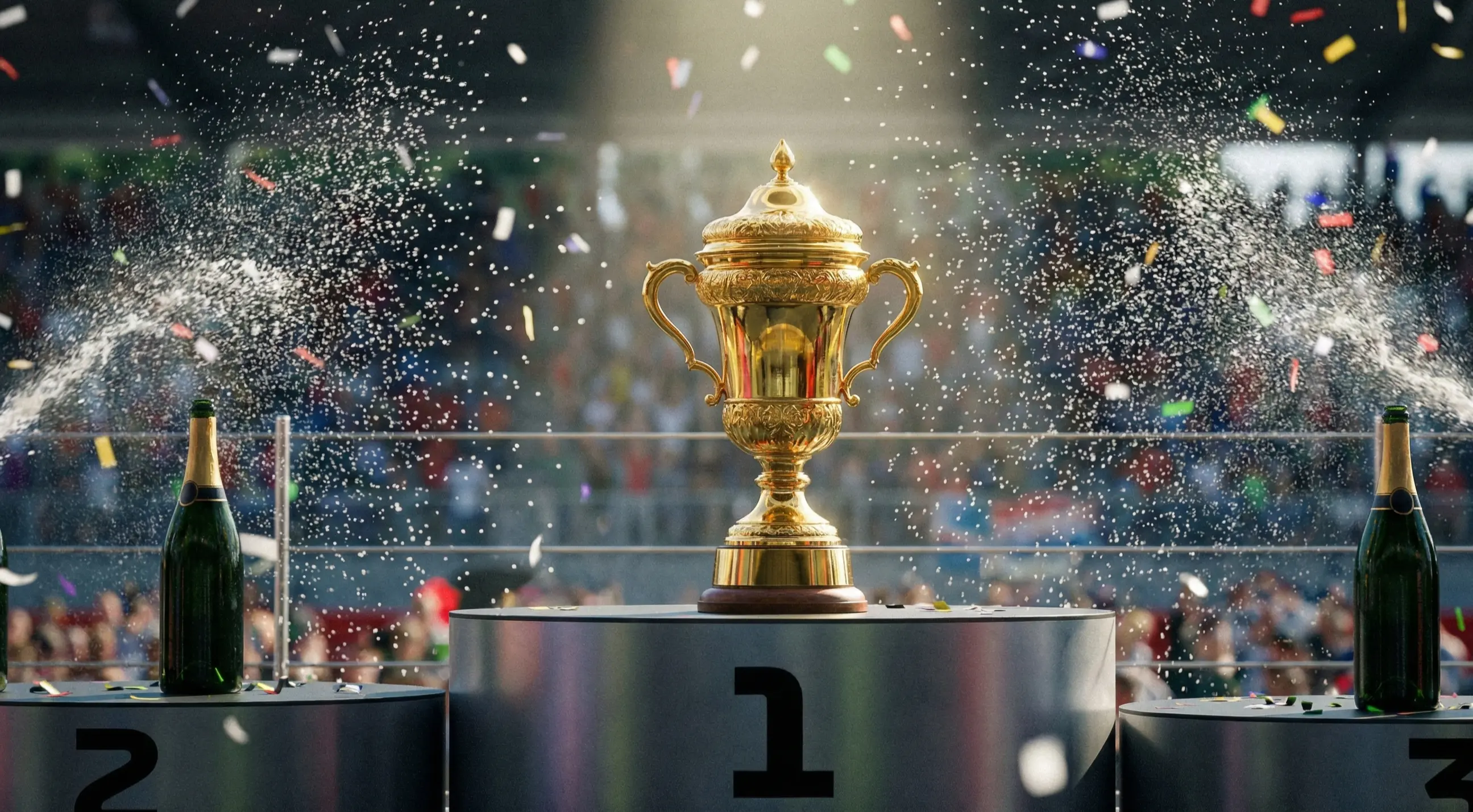 Formel 1 Podium mit Siegerpokalen und Champagner