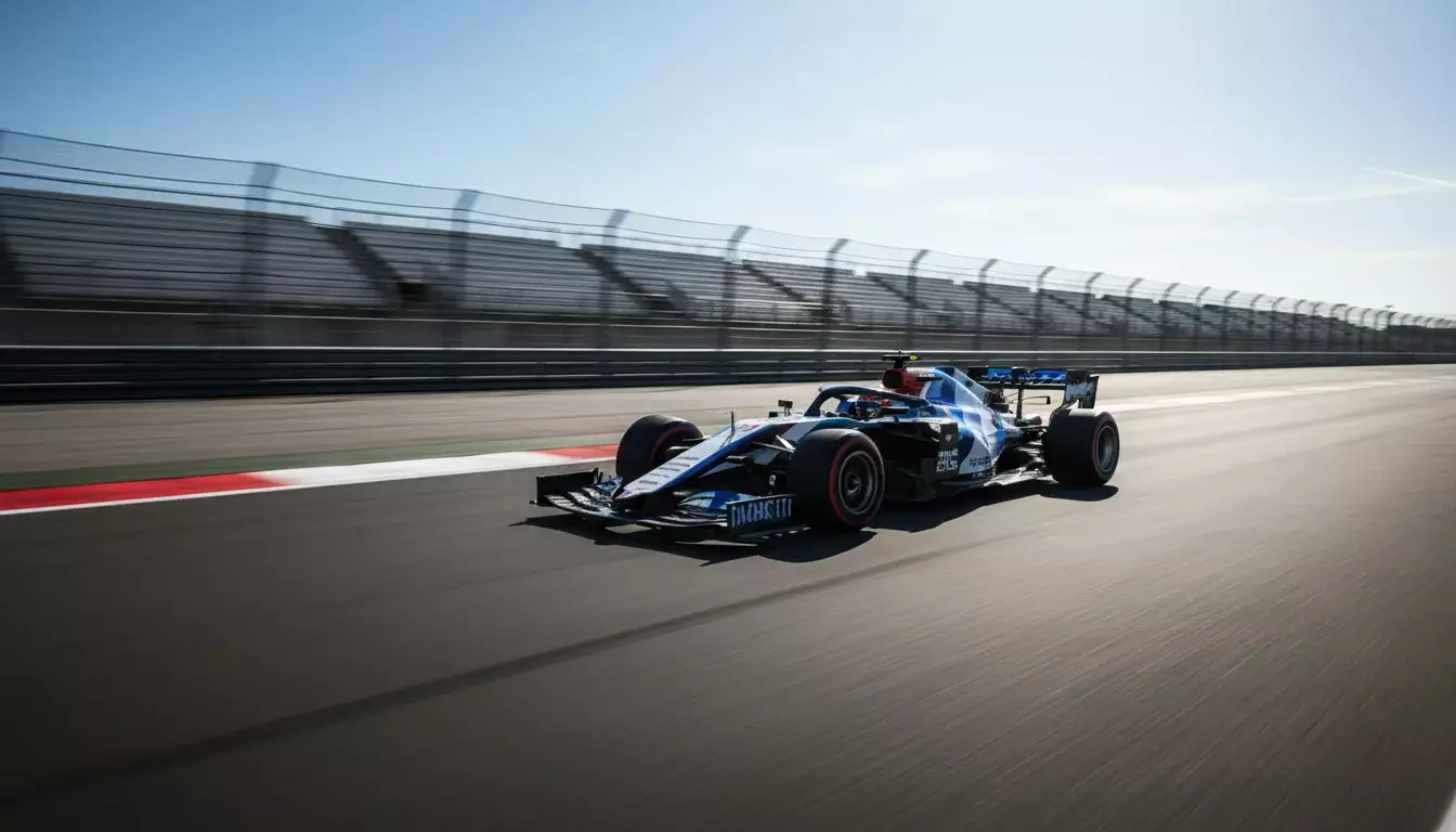 Formel-1-Bolide allein auf einer leeren Rennstrecke während einer schnellen Qualifying-Runde bei Sonnenlicht