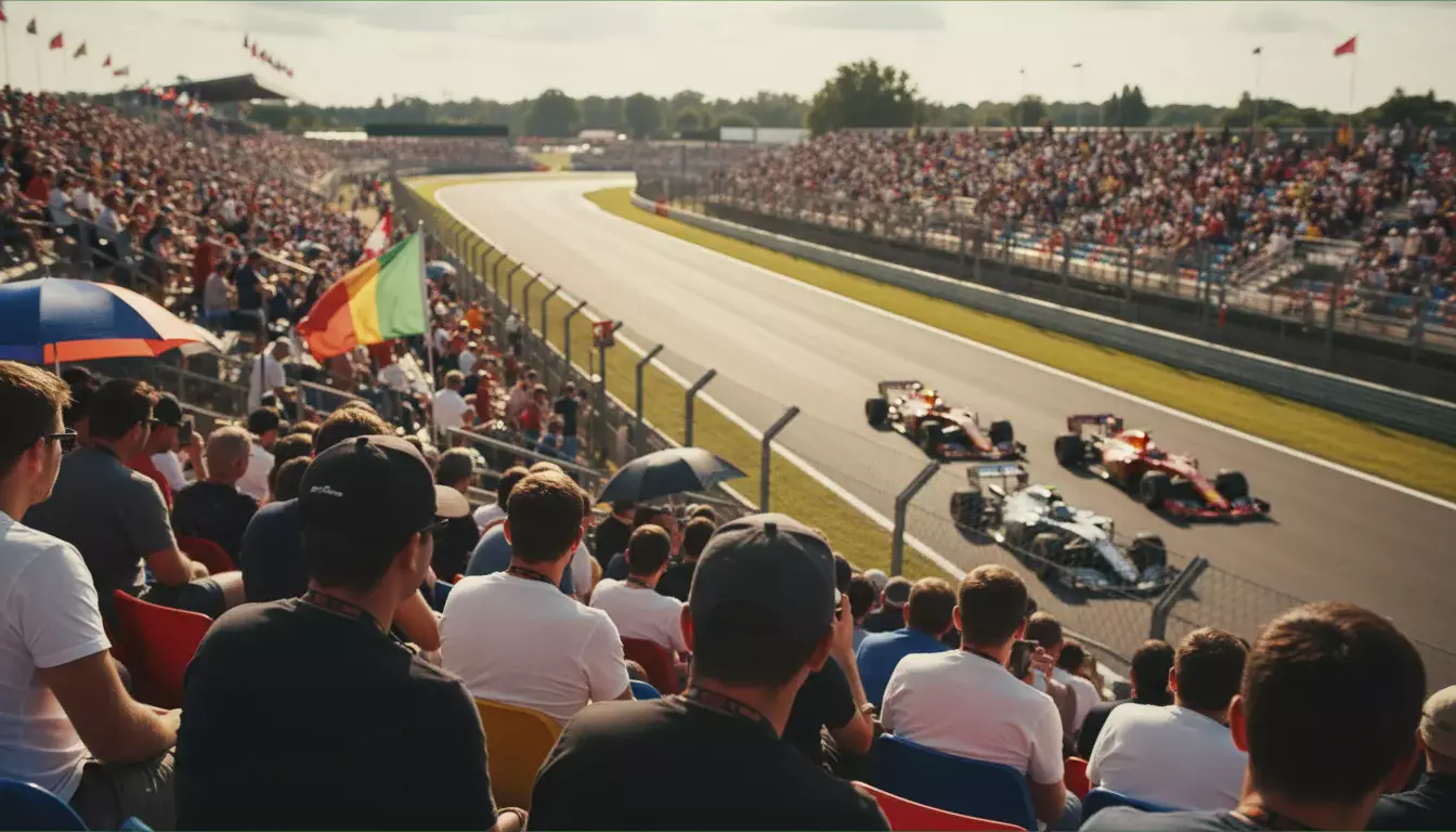 Zuschauer auf der Tribüne einer Formel-1-Rennstrecke beobachten Boliden auf der Geraden