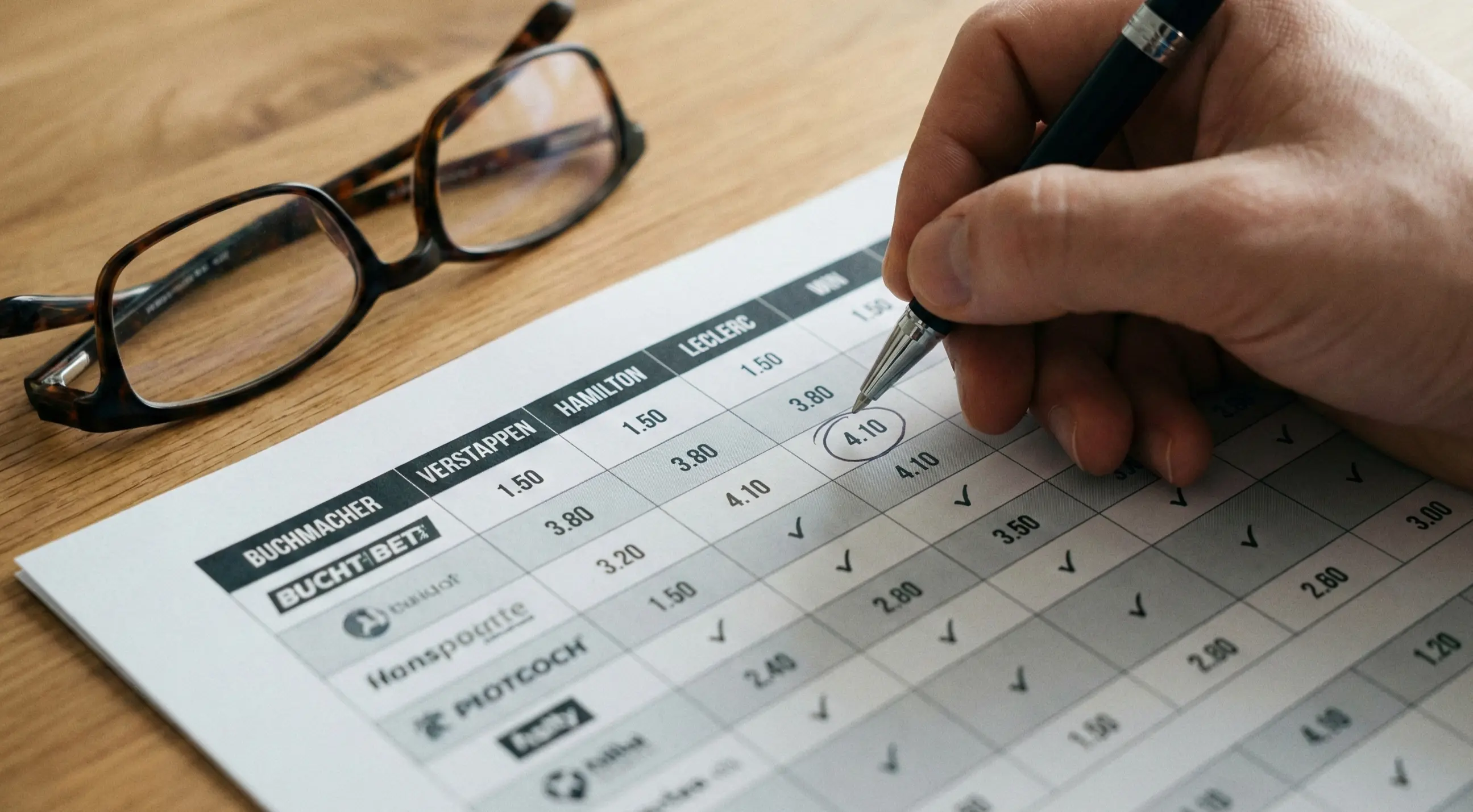 Vergleichstabelle auf Papier mit Stift und Markierungen