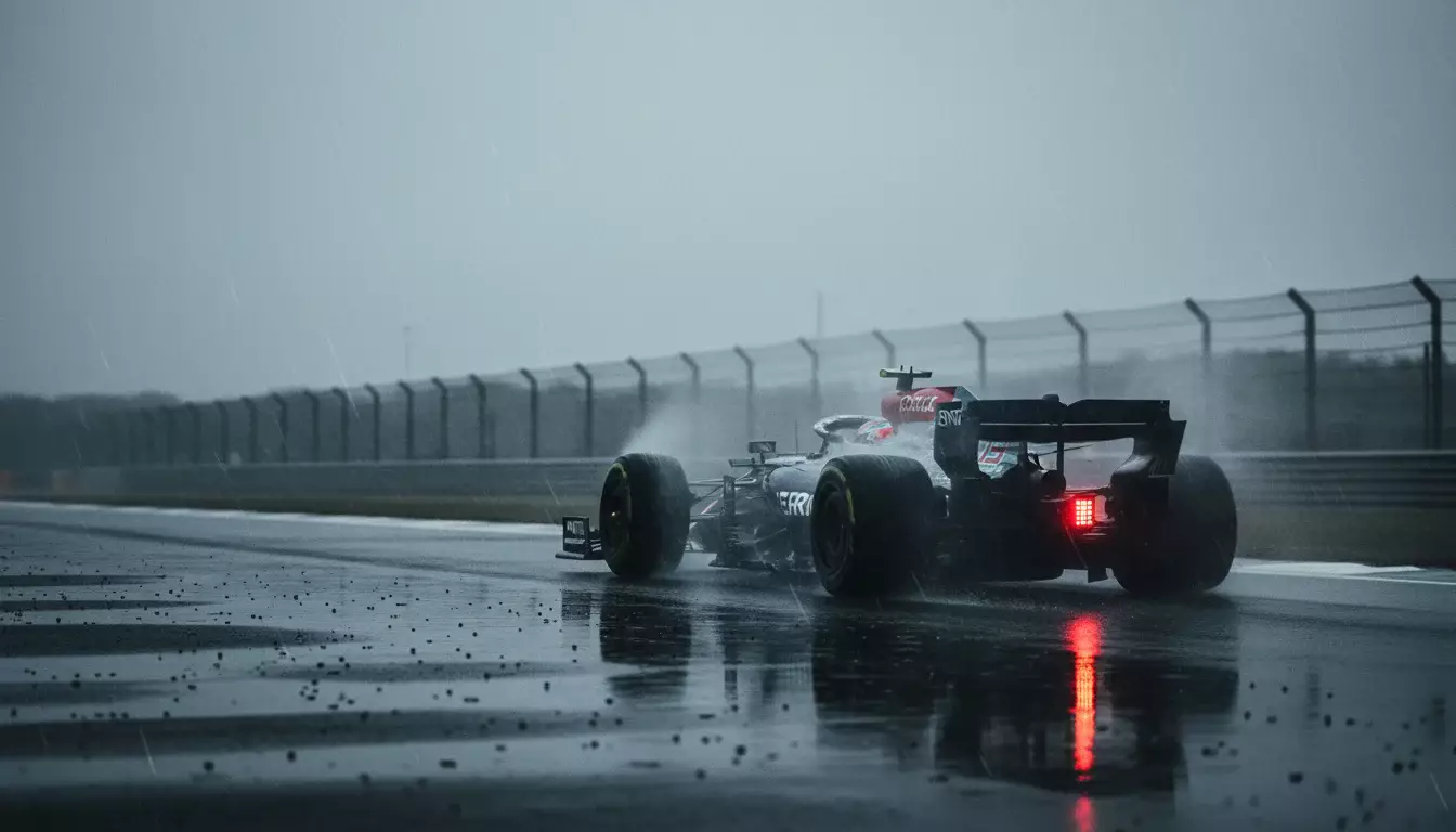 Formel-1-Bolide fährt bei starkem Regen über eine nasse Rennstrecke mit Gischt hinter den Reifen