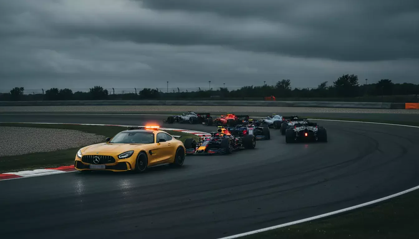 Formel-1-Safety-Car fährt vor einem Feld von Boliden auf einer Rennstrecke bei bewölktem Himmel