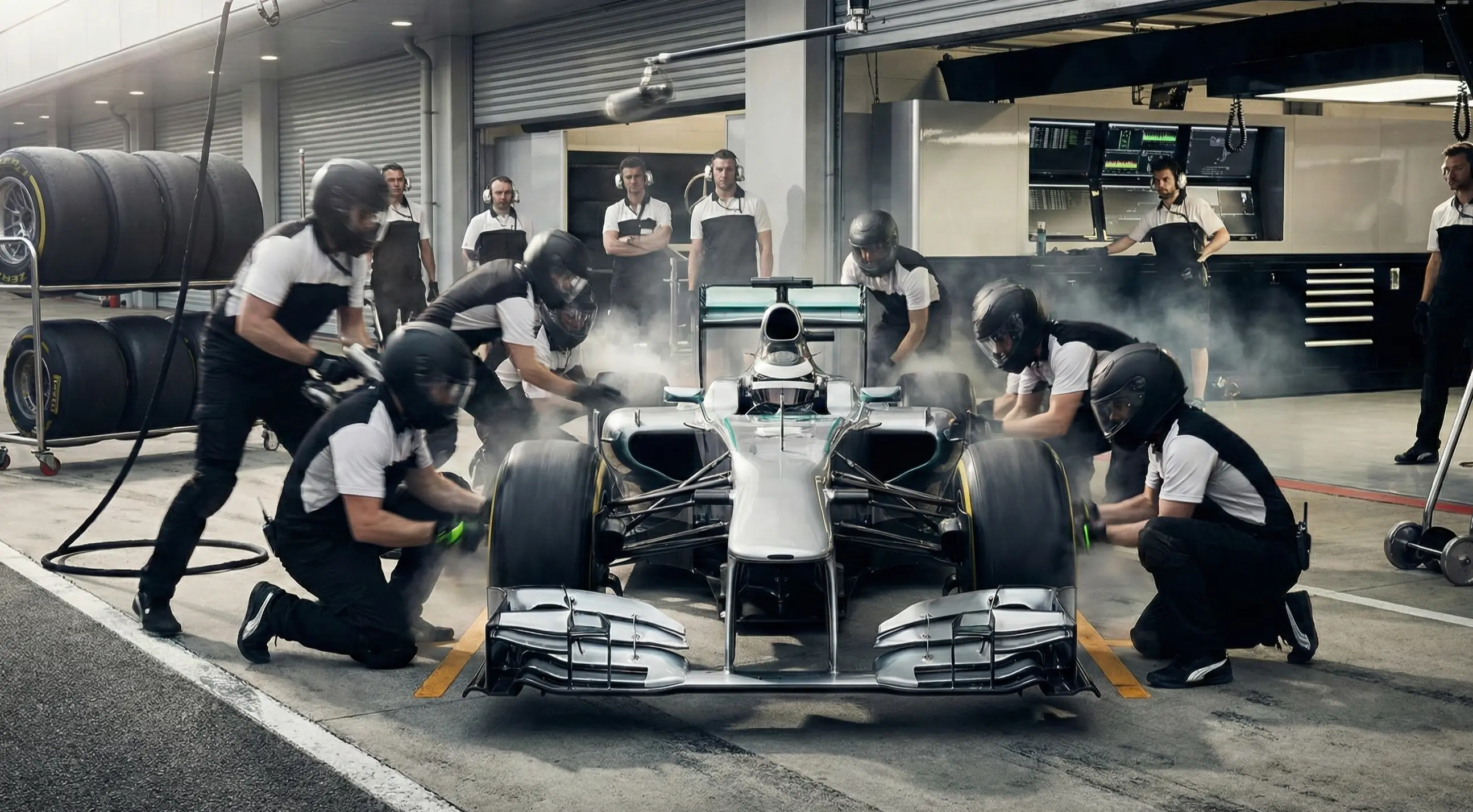 F1 Boxencrew bei der Arbeit am Rennwagen