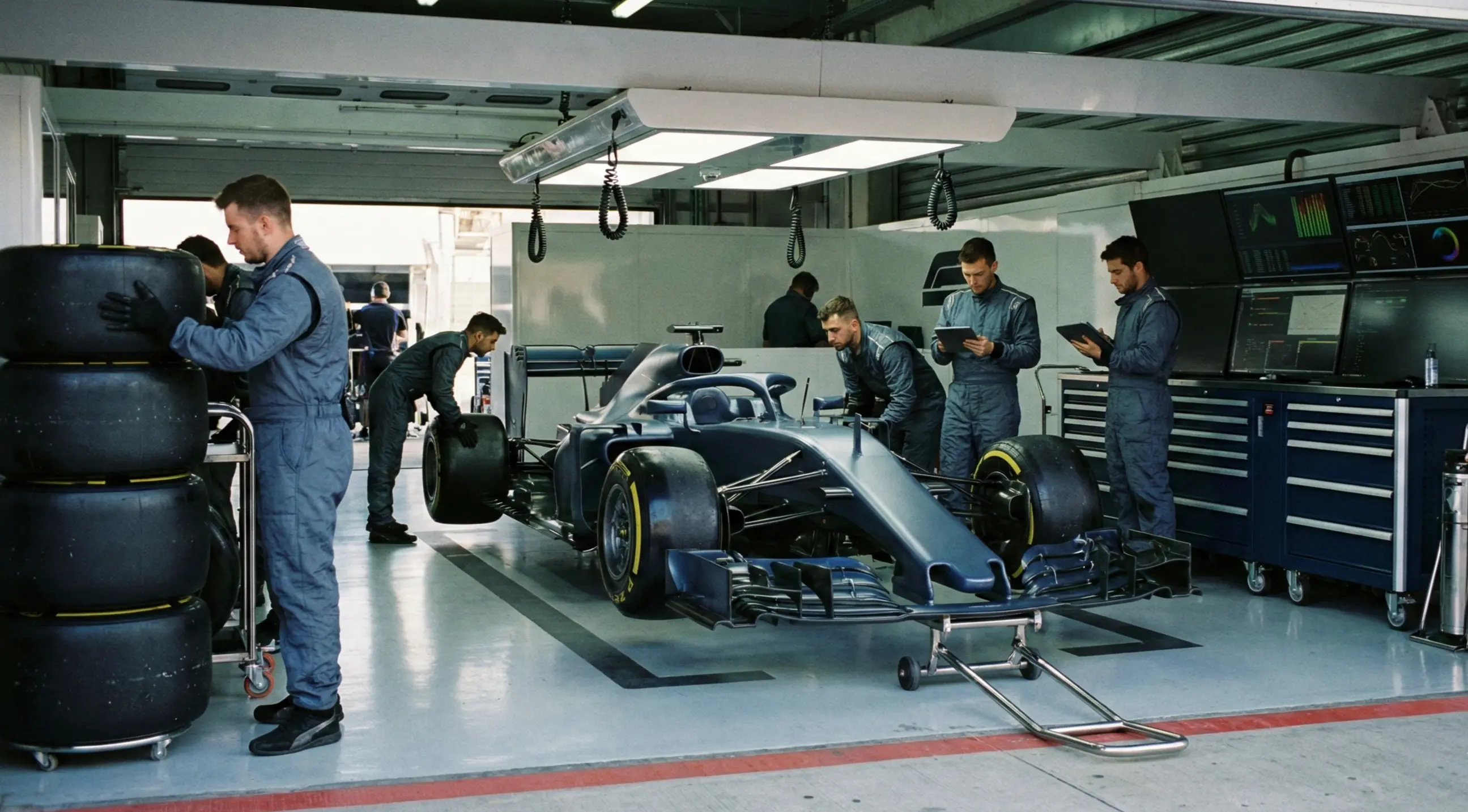 Formel 1 Teams bei der Arbeit in der Boxengasse