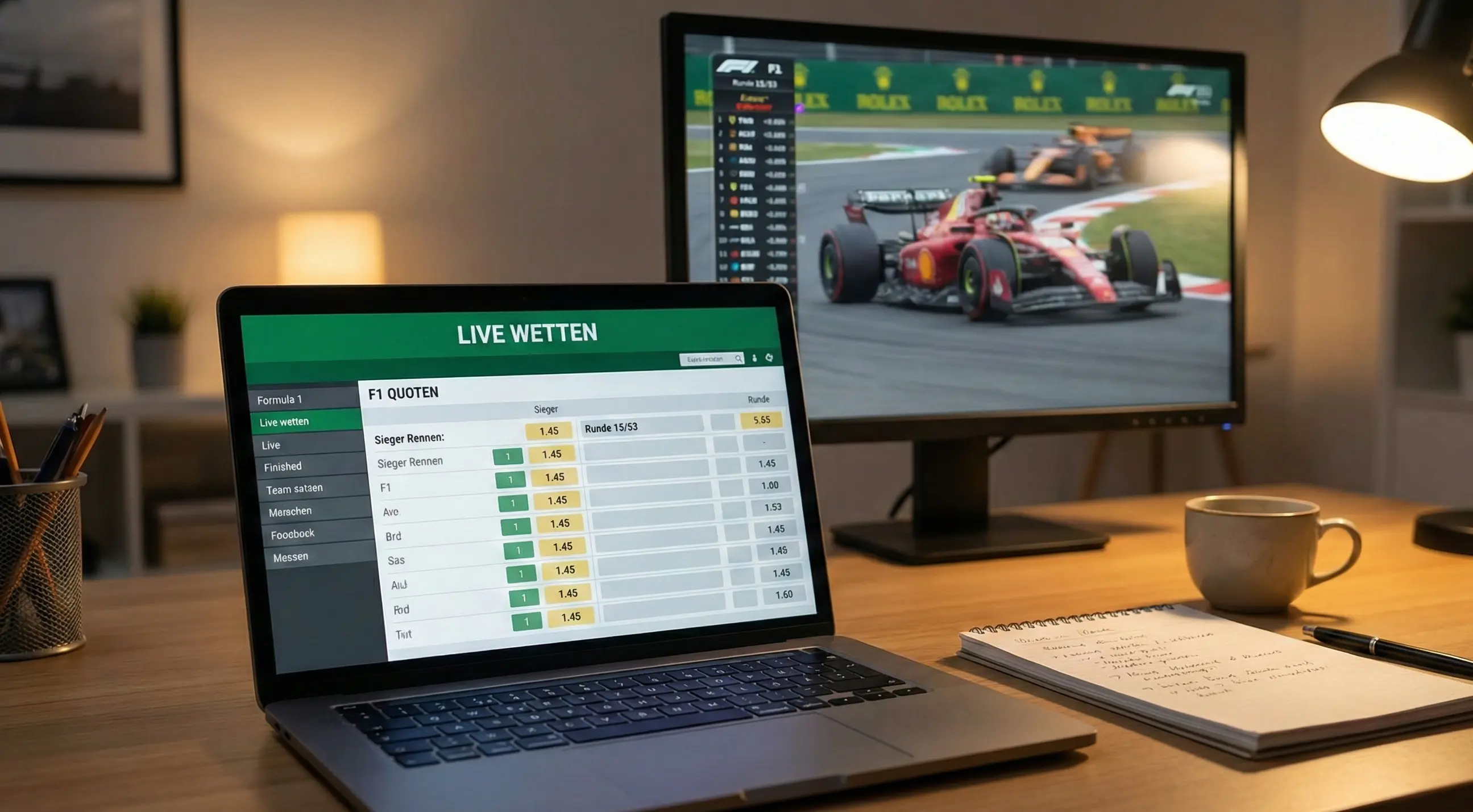 Laptop mit geöffneter Wettplattform und F1 Rennen im Hintergrund