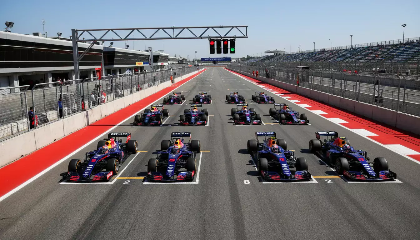 Formel-1-Startaufstellung mit mehreren Boliden nebeneinander auf der Startgeraden