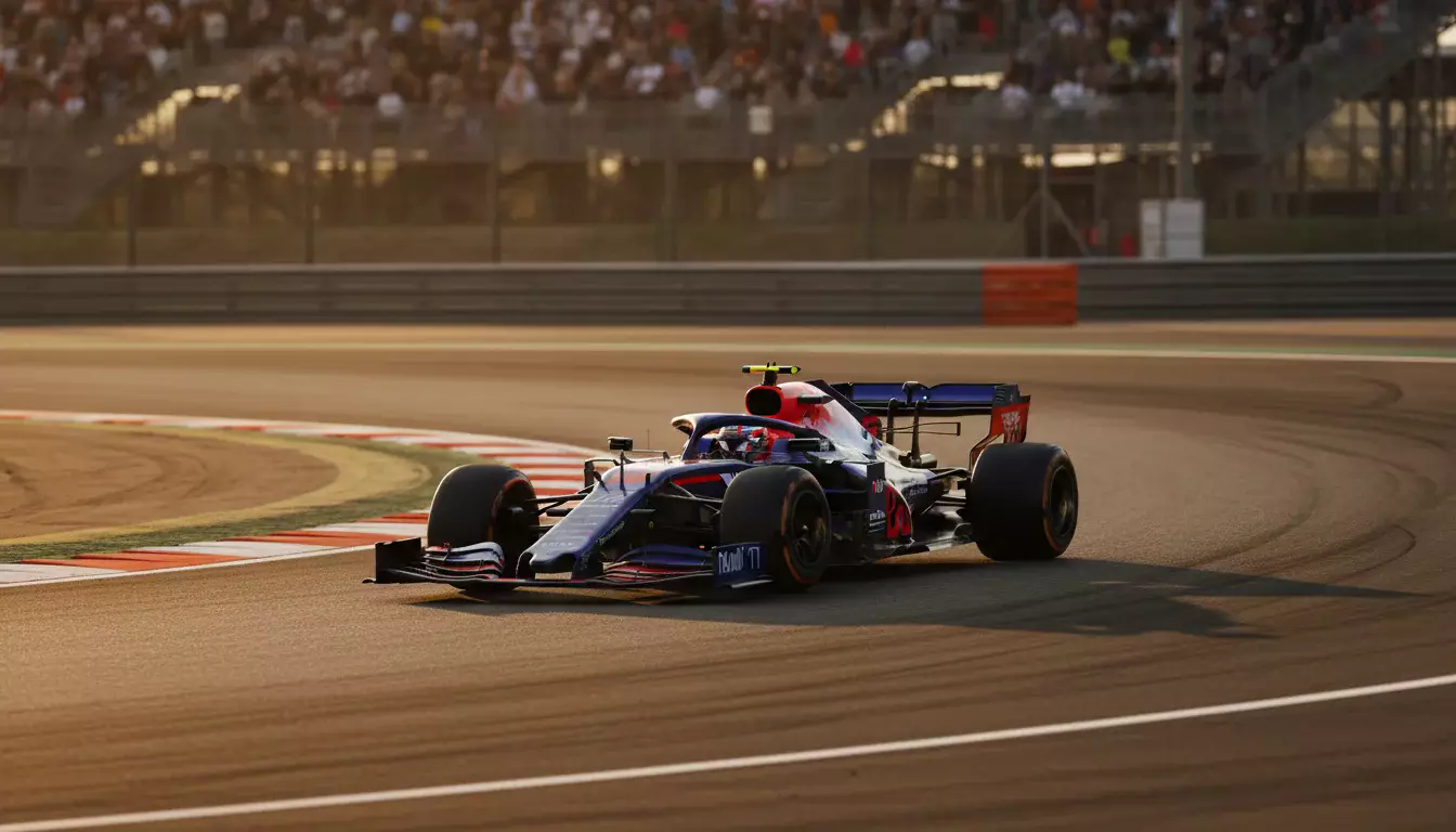 Formel-1-Bolide fährt bei Dämmerung durch eine Kurve auf der Rennstrecke