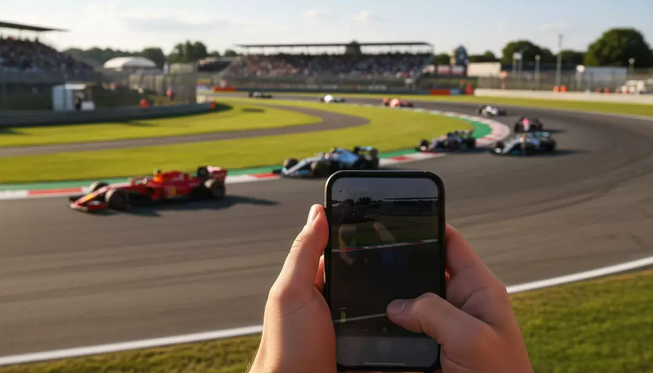 Hand hält ein Smartphone mit Blick auf eine Formel-1-Rennstrecke im Hintergrund bei Sonnenlicht