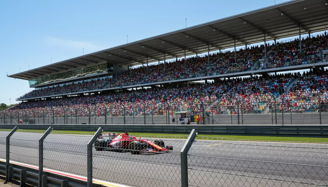 Formel-1-Bolide auf einer Rennstrecke mit einer großen Tribüne voller Zuschauer im Hintergrund