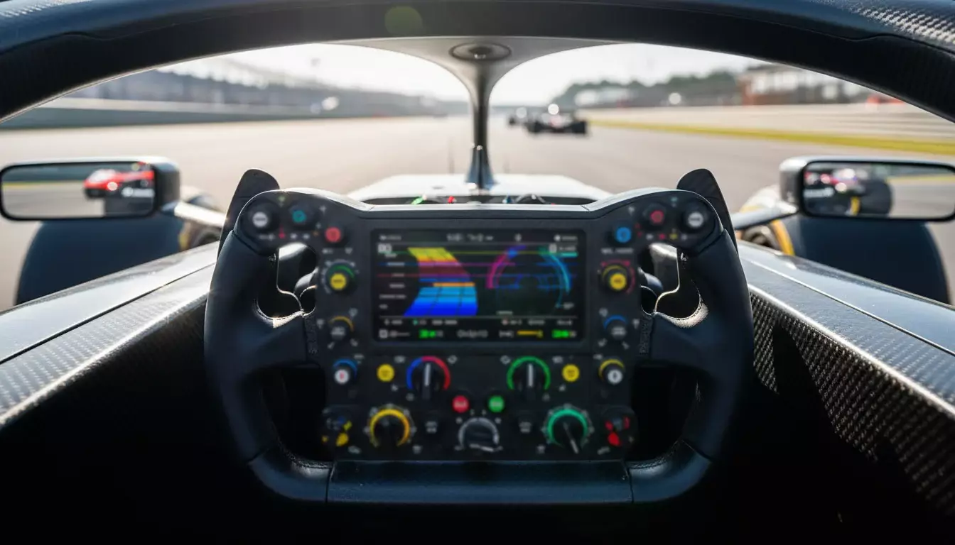 Nahaufnahme eines Formel-1-Lenkrads mit leuchtenden Displays und Tasten im Cockpit