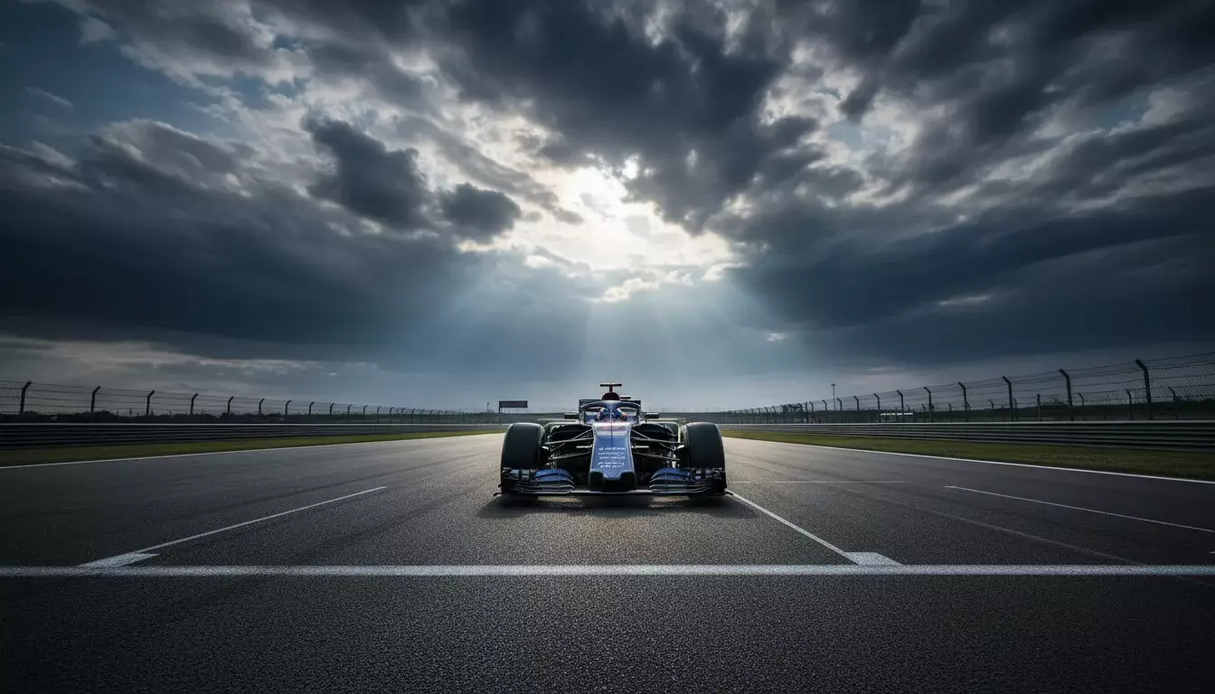 Formel-1-Bolide auf der Startposition einer leeren Rennstrecke bei bewölktem Himmel