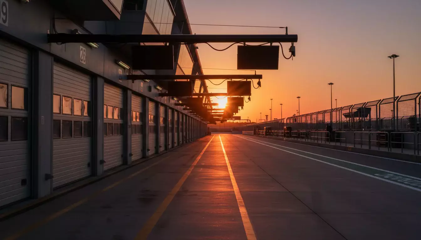 Formel-1-Boxengasse bei Sonnenuntergang mit ruhiger Atmosphäre nach dem Rennen