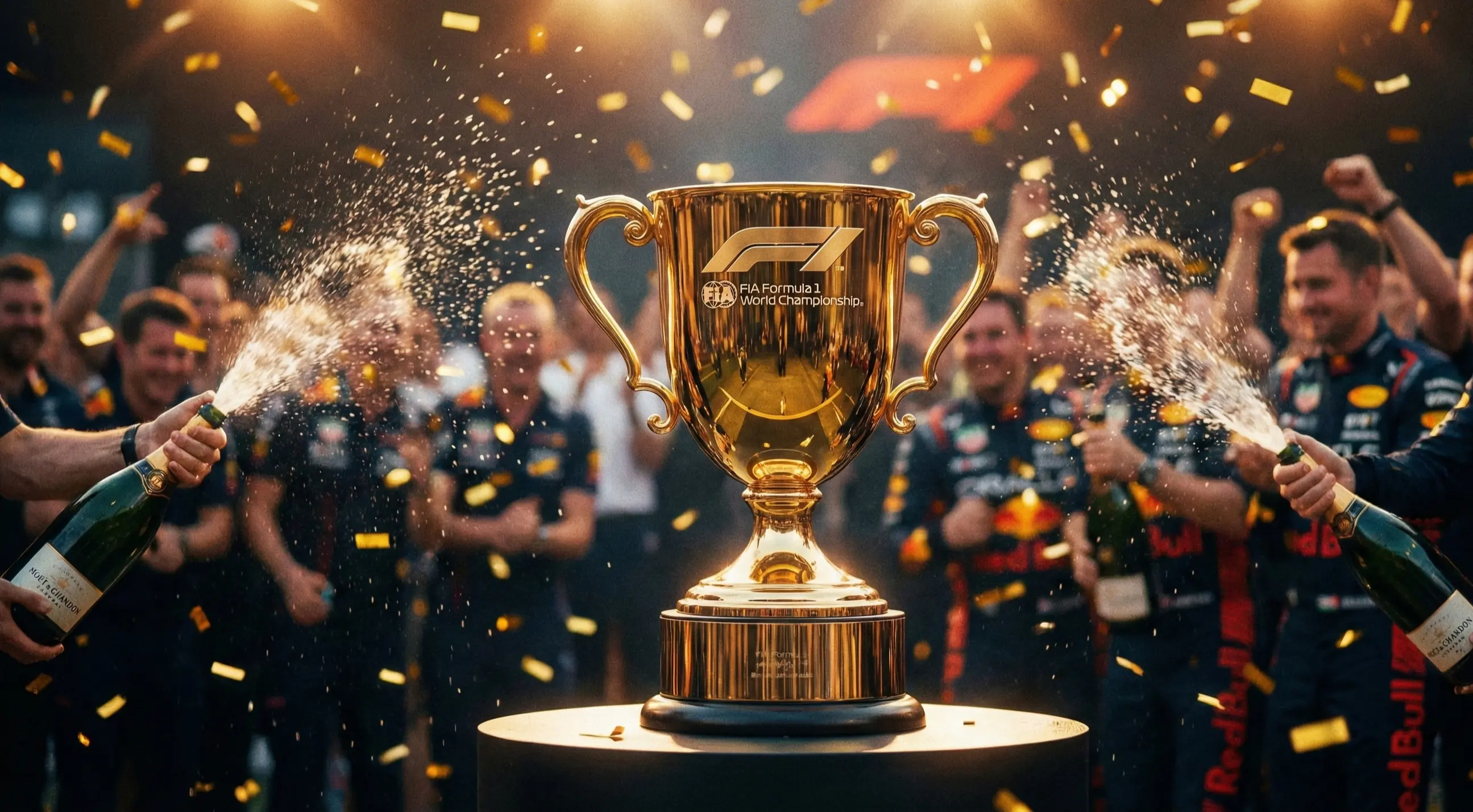 F1 Pokal und Champagner bei der Siegerehrung